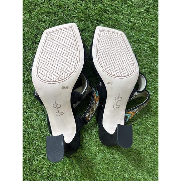 Jessica Simpson Aztec Beaded Heels Size 10M Black Square Toe Sandals - Picture 8 of 9